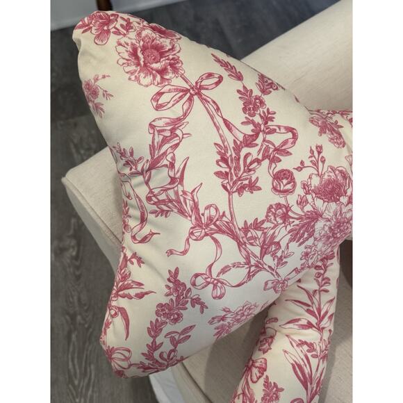 Envogue Pink White Floral Toile Velvet Bow Pillow Coquette Shabby Chic Decor - Picture 2 of 10